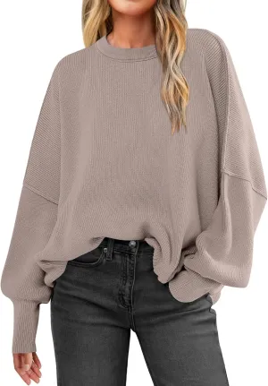 LOGENE Women's Oversized Batwing Long Sleeve Crewneck Side Slit Ribbed Knit Pullover Sweater Tops