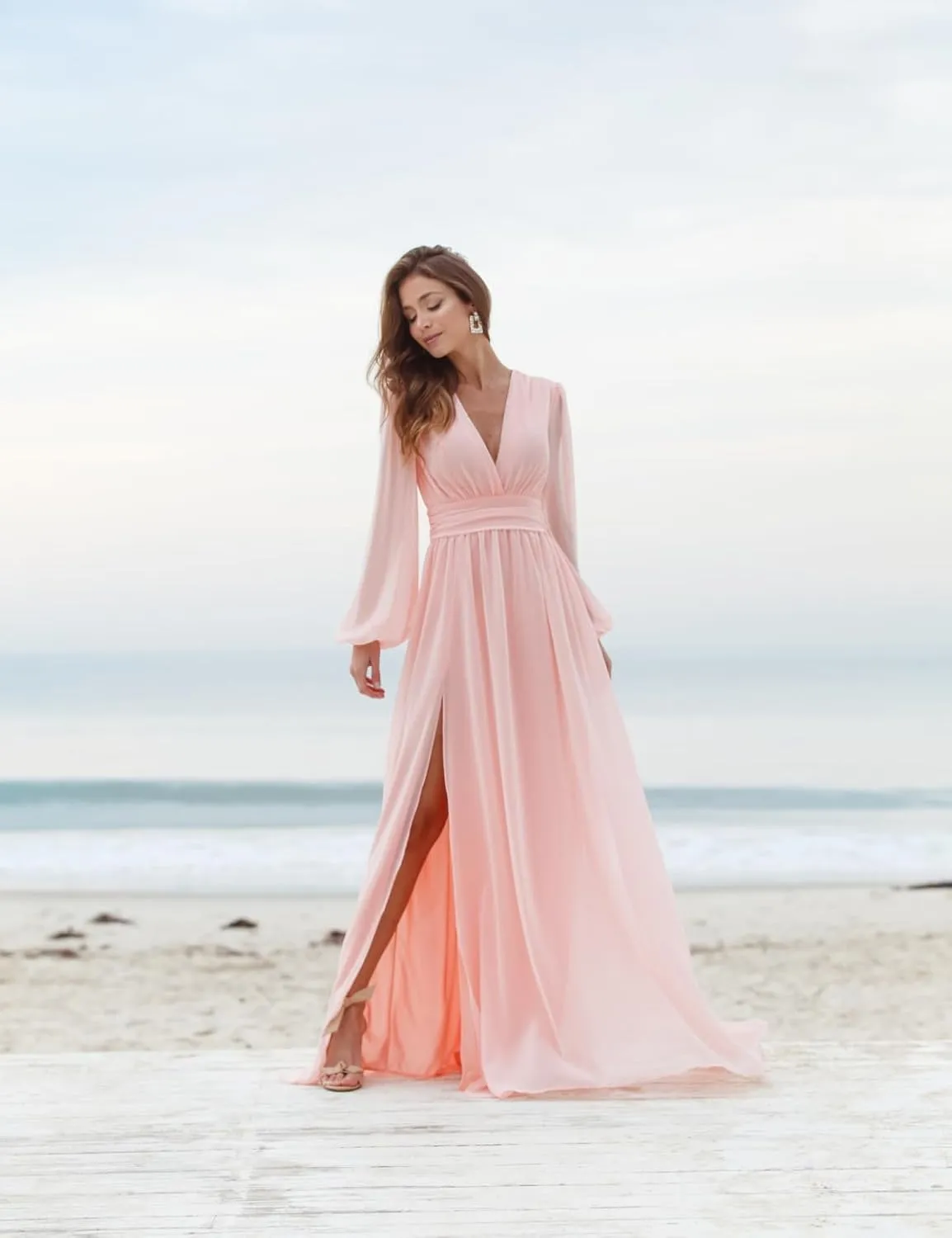 Long Sleeve Chiffon Bridesmaid Dresses for Wedding Pleated V-Neck A Line Formal Dresses