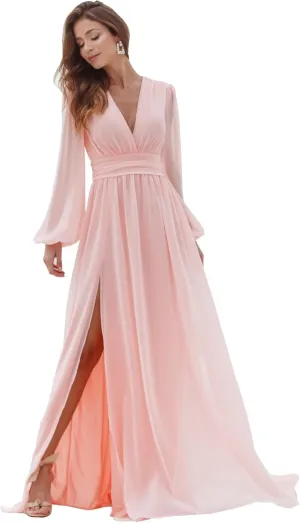 Long Sleeve Chiffon Bridesmaid Dresses for Wedding Pleated V-Neck A Line Formal Dresses