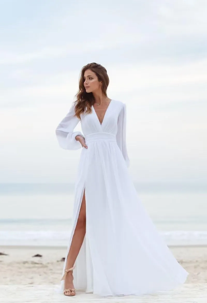 Long Sleeve Chiffon Bridesmaid Dresses for Wedding Pleated V-Neck A Line Formal Dresses