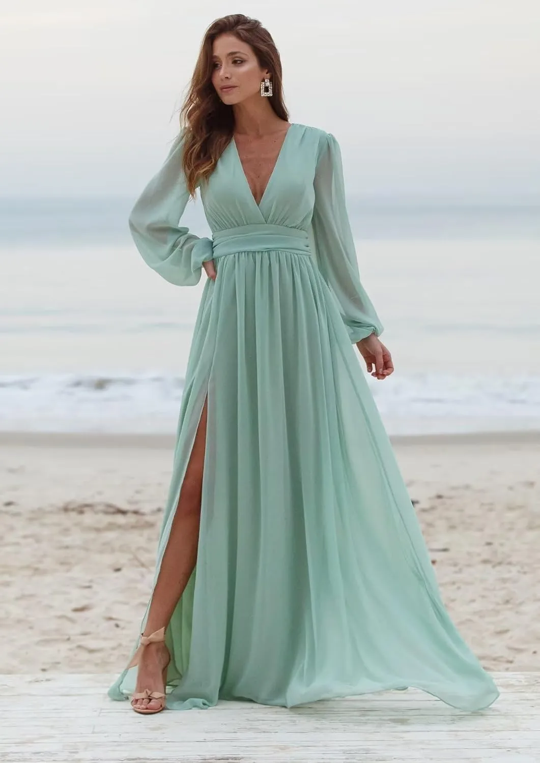 Long Sleeve Chiffon Bridesmaid Dresses for Wedding Pleated V-Neck A Line Formal Dresses