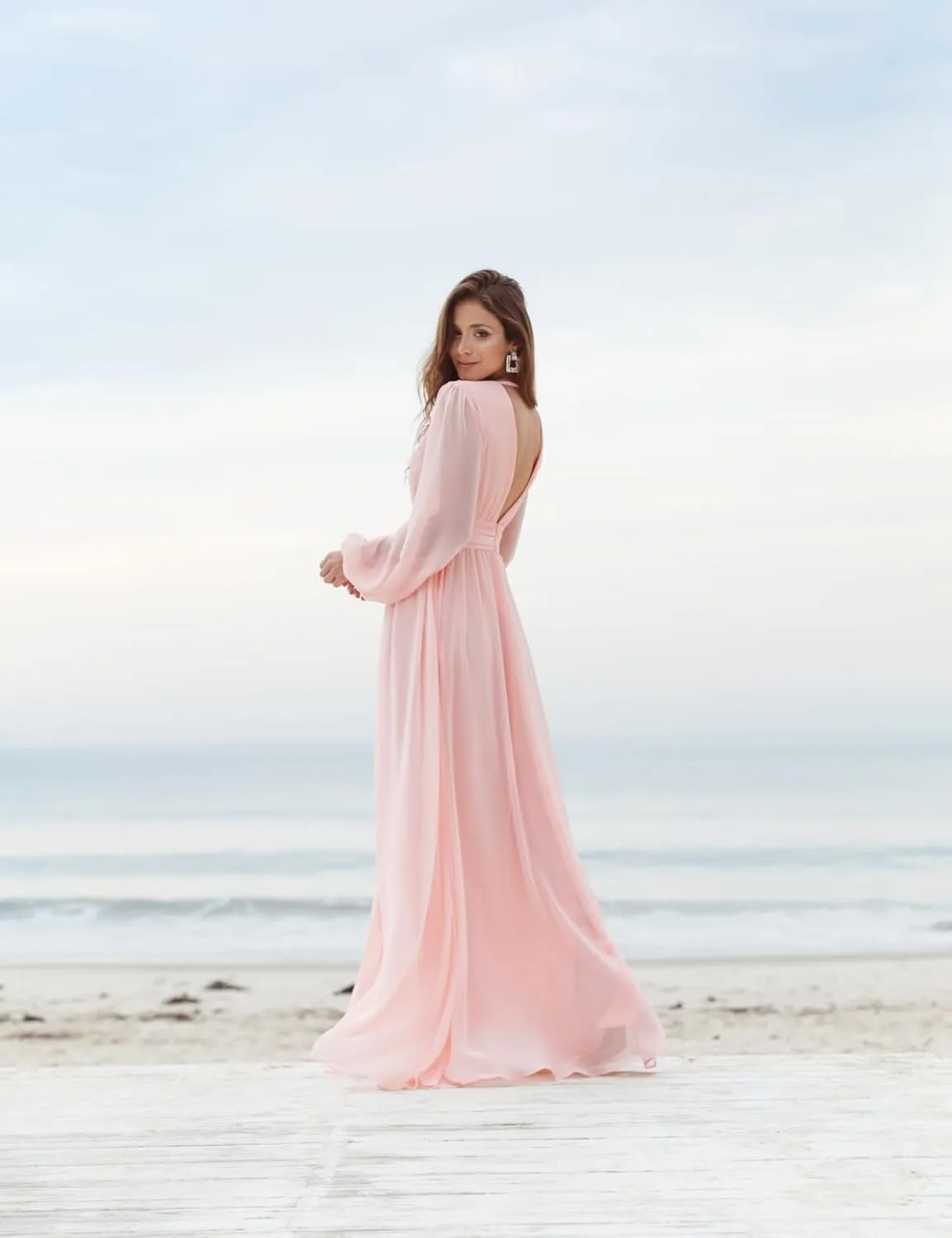 Long Sleeve Chiffon Bridesmaid Dresses for Wedding Pleated V-Neck A Line Formal Dresses