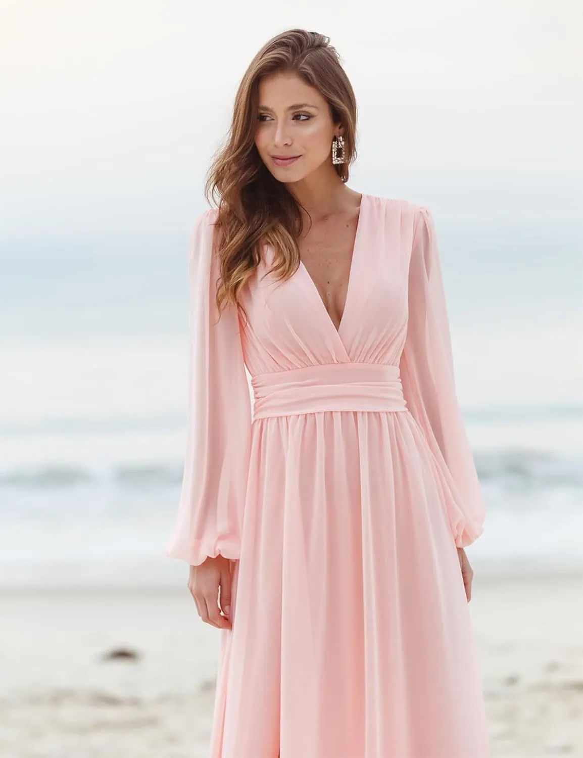 Long Sleeve Chiffon Bridesmaid Dresses for Wedding Pleated V-Neck A Line Formal Dresses
