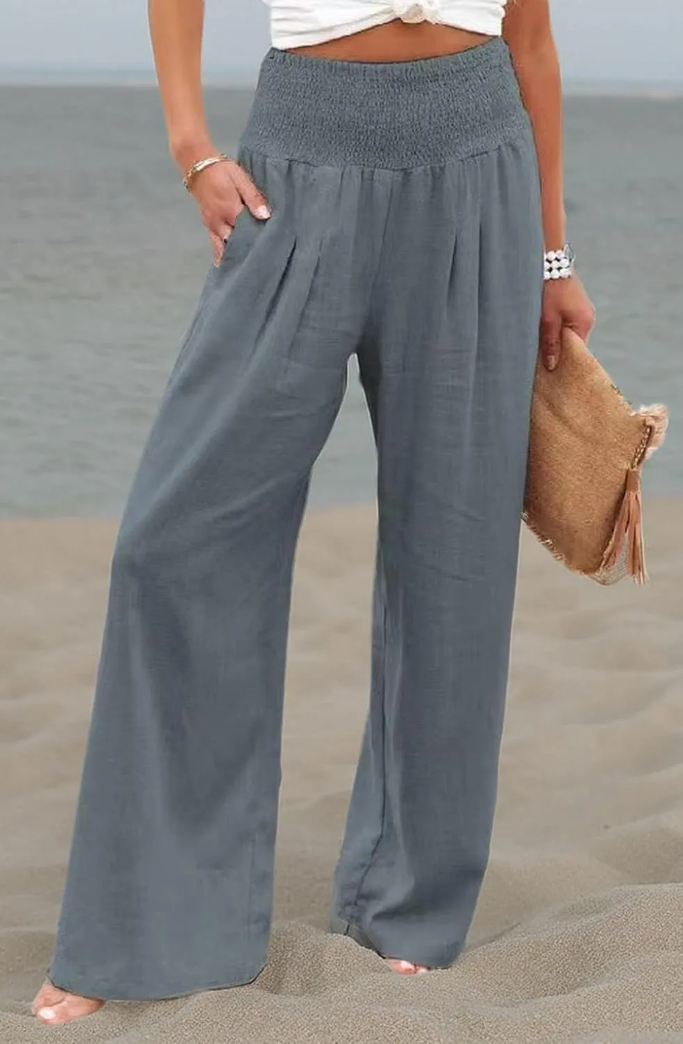 loveimgs Women's Boho Cotton Linen Wide Leg Lounge Pants Elastic Waist Beach Palazzo with Pocket