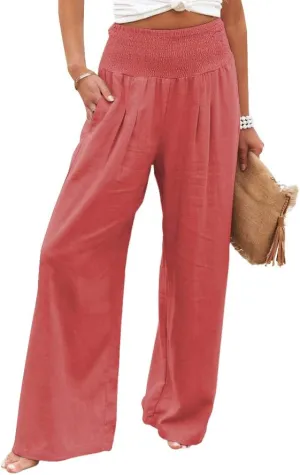 loveimgs Women's Boho Cotton Linen Wide Leg Lounge Pants Elastic Waist Beach Palazzo with Pocket