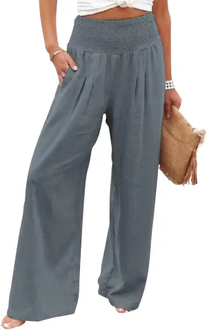 loveimgs Women's Boho Cotton Linen Wide Leg Lounge Pants Elastic Waist Beach Palazzo with Pocket