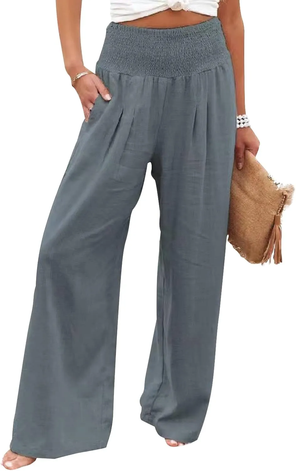 loveimgs Women's Boho Cotton Linen Wide Leg Lounge Pants Elastic Waist Beach Palazzo with Pocket