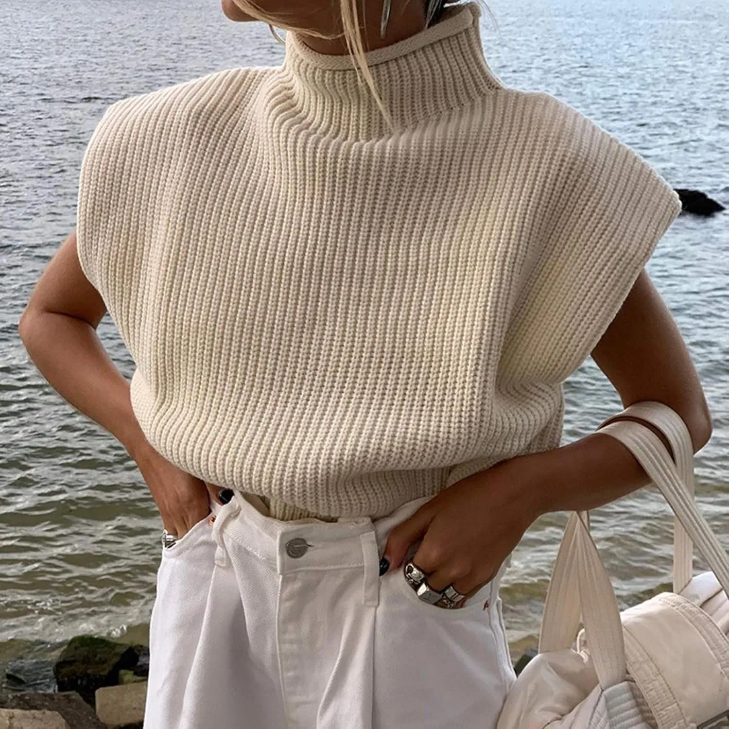Luckinbaby Casual Womens Knit Sweater Vest Turtleneck Sleeveless Knitted Tank Tops Shoulder Pads Fall Winter Knitwear Shirts