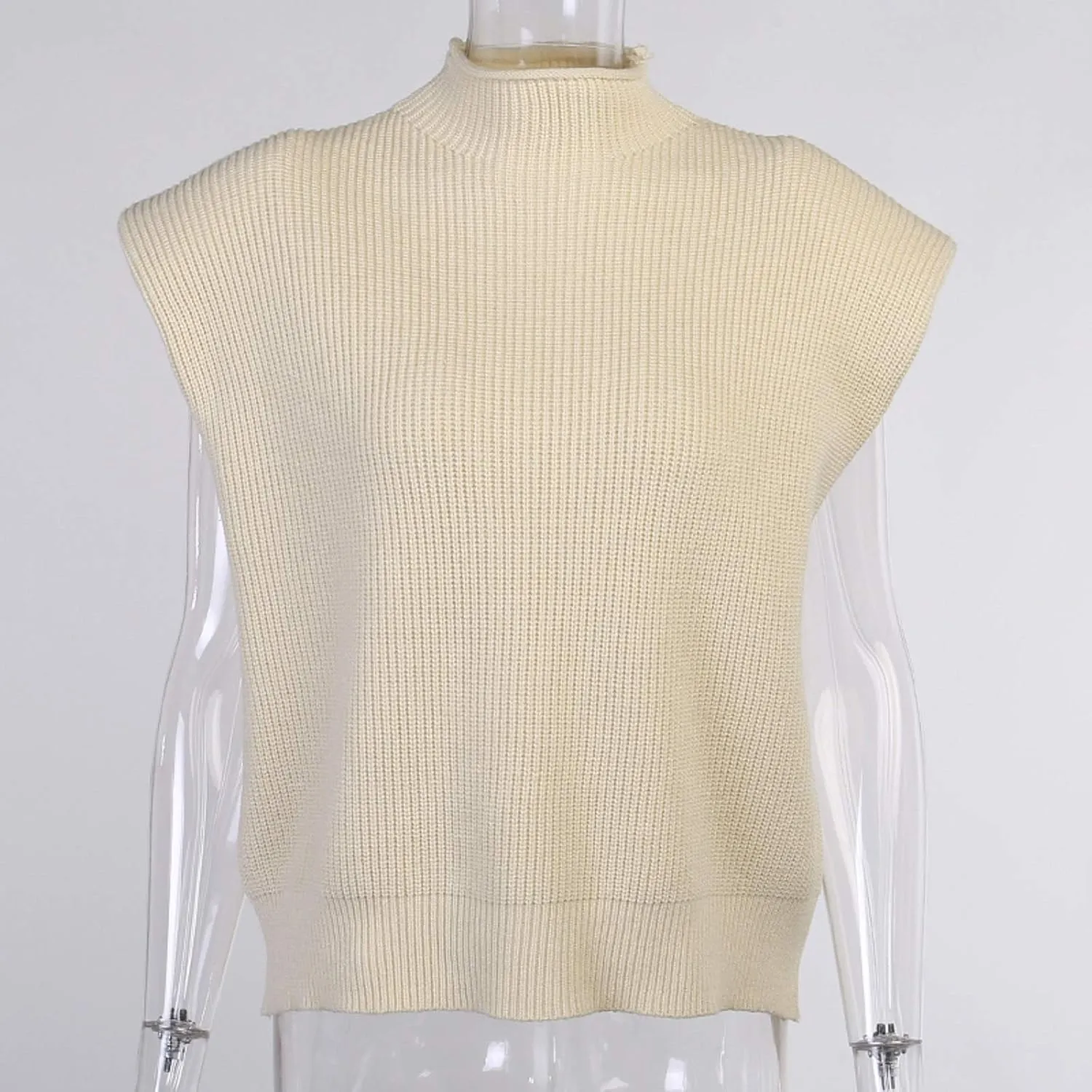 Luckinbaby Casual Womens Knit Sweater Vest Turtleneck Sleeveless Knitted Tank Tops Shoulder Pads Fall Winter Knitwear Shirts