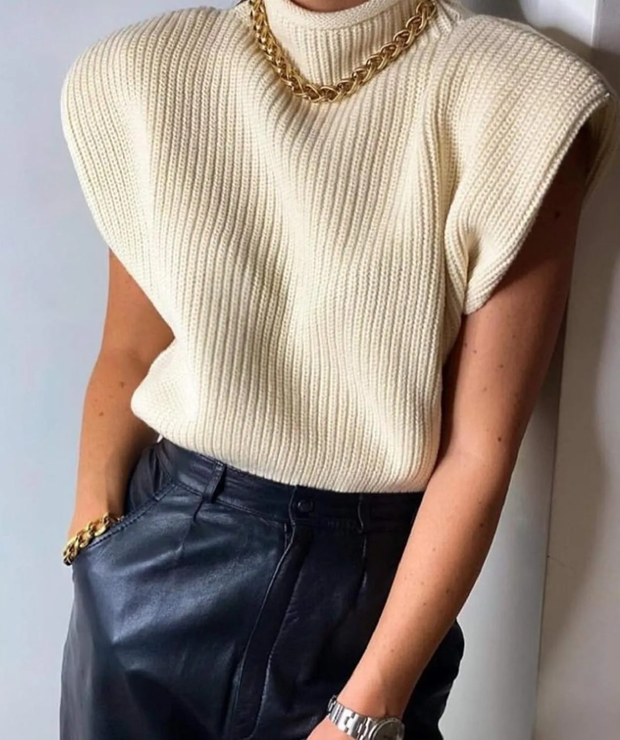 Luckinbaby Casual Womens Knit Sweater Vest Turtleneck Sleeveless Knitted Tank Tops Shoulder Pads Fall Winter Knitwear Shirts