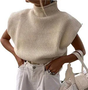 Luckinbaby Casual Womens Knit Sweater Vest Turtleneck Sleeveless Knitted Tank Tops Shoulder Pads Fall Winter Knitwear Shirts