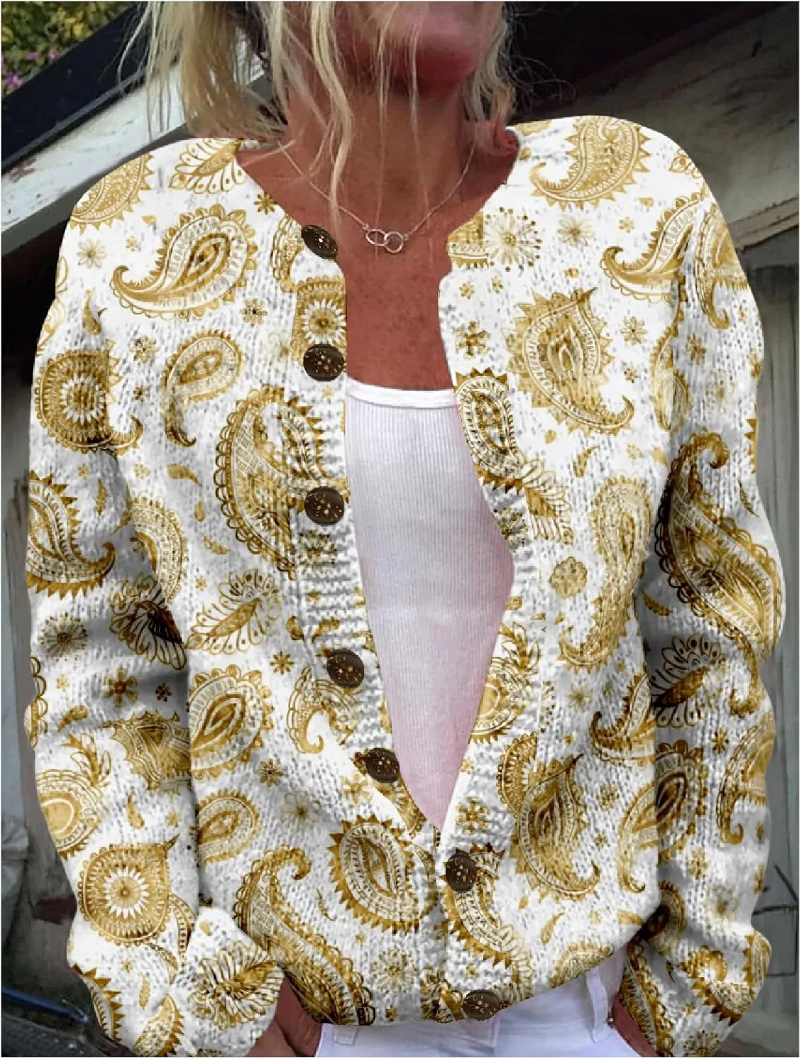 MARSVOVO Women Vintage Polka Dot and Paisley Pattern Button Down Crew Neck Open Cardigans Novelty Fall Sweater Tops