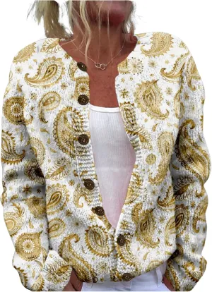 MARSVOVO Women Vintage Polka Dot and Paisley Pattern Button Down Crew Neck Open Cardigans Novelty Fall Sweater Tops