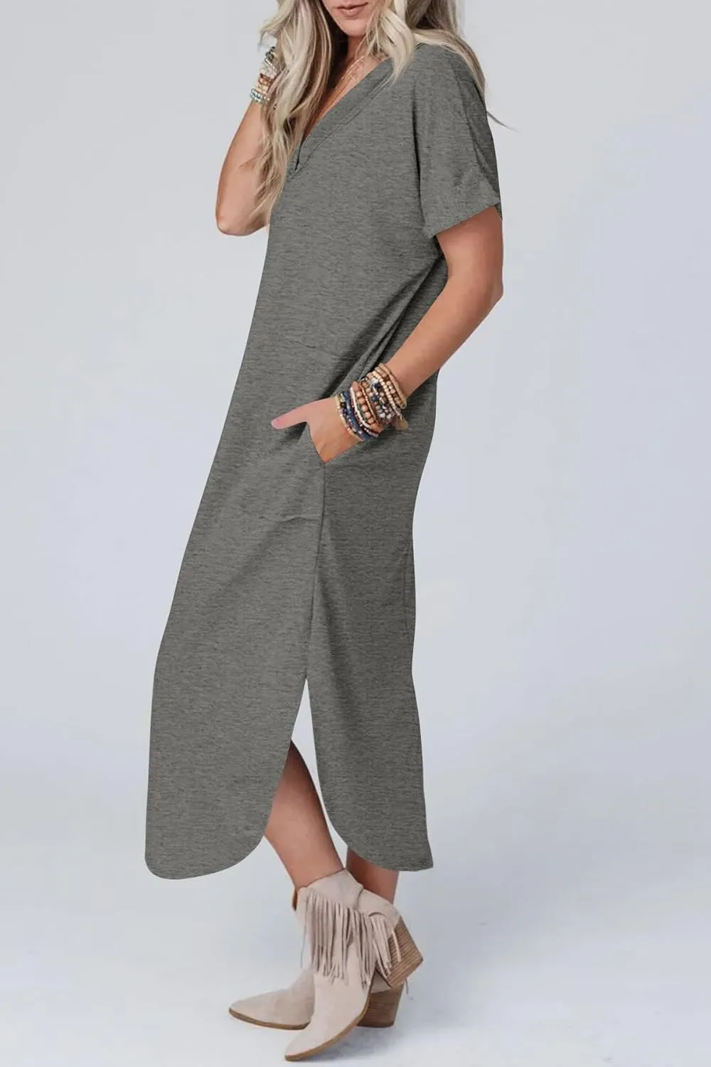 Maxi Dress for Women Summer Casual Loose Short Sleeve Long T Shirt Dress Split Beach Sundress Travel Vacation Outfits