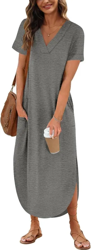 Maxi Dress for Women Summer Casual Loose Short Sleeve Long T Shirt Dress Split Beach Sundress Travel Vacation Outfits