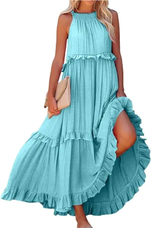 Maxi Dresses for Women 2025 Elegant Loose Flowy Tiered Ruffle Dress Summer Swing Beach Dresses with Pockets
