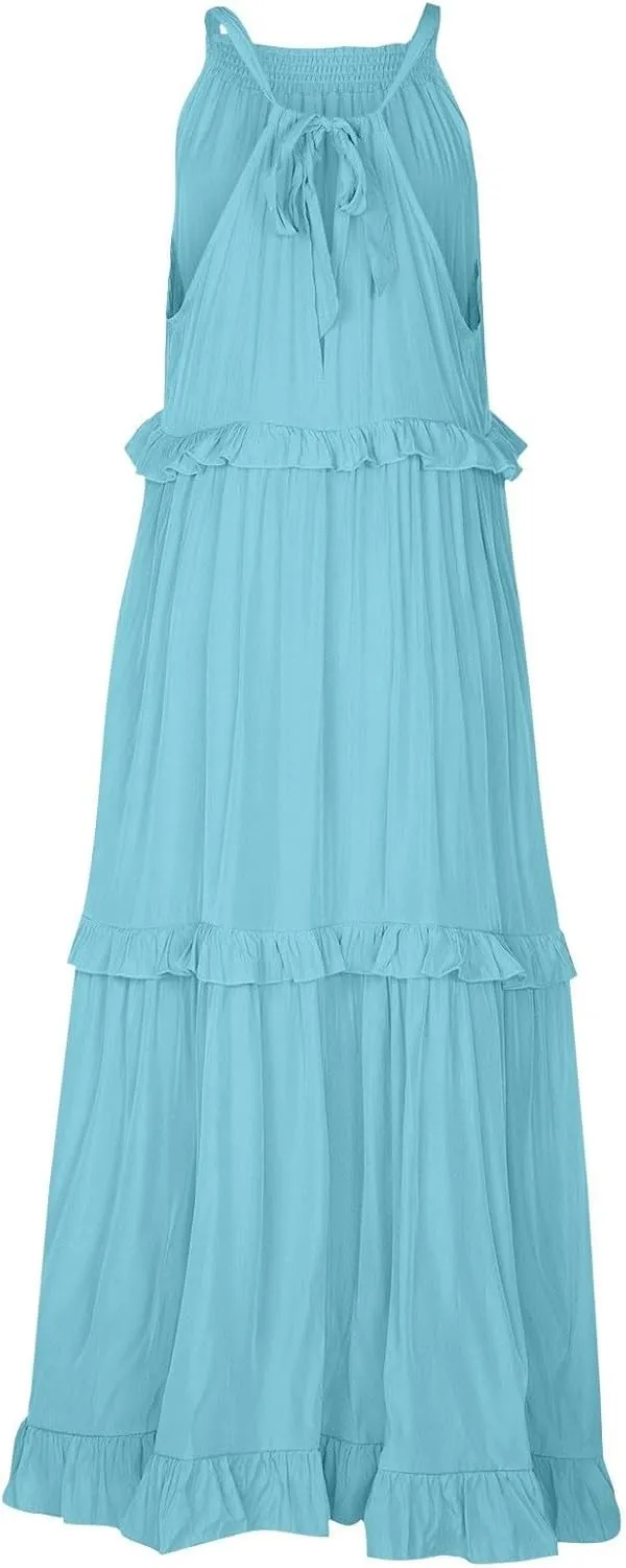 Maxi Dresses for Women 2025 Elegant Loose Flowy Tiered Ruffle Dress Summer Swing Beach Dresses with Pockets