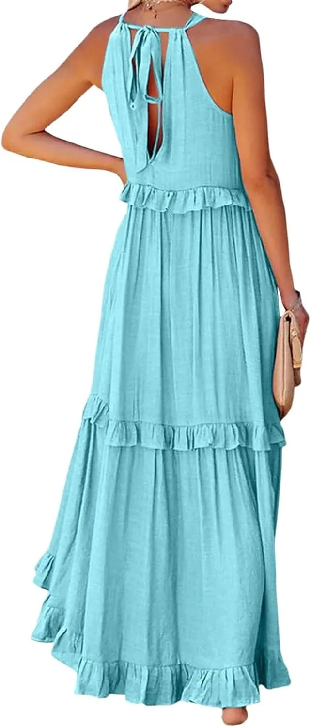 Maxi Dresses for Women 2025 Elegant Loose Flowy Tiered Ruffle Dress Summer Swing Beach Dresses with Pockets