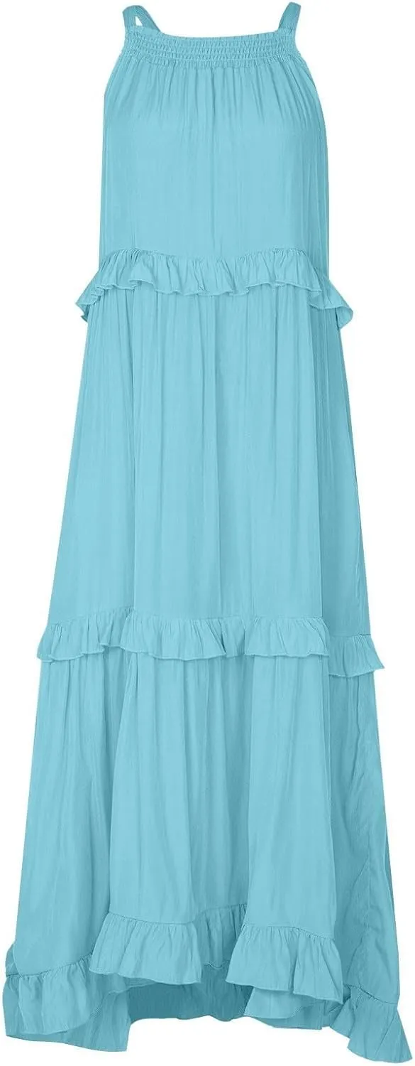 Maxi Dresses for Women 2025 Elegant Loose Flowy Tiered Ruffle Dress Summer Swing Beach Dresses with Pockets