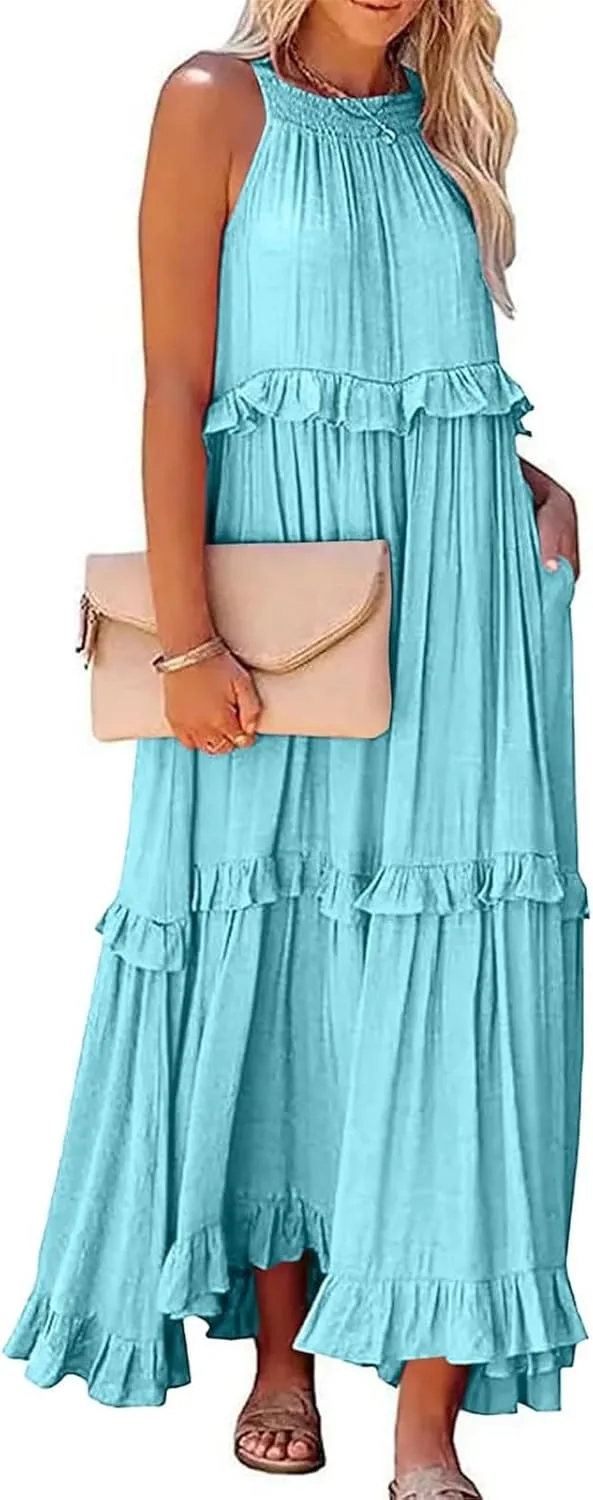 Maxi Dresses for Women 2025 Elegant Loose Flowy Tiered Ruffle Dress Summer Swing Beach Dresses with Pockets