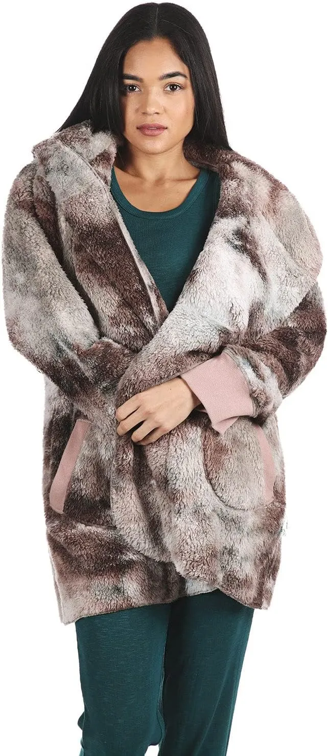 MeMoi Women's Tie Dye Plush Hooded Cardigan Sweater