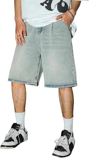 Men Baggy Jean Shorts Loose Fit Mid Denim Shorts Wide Leg Y2K Hip Hop Trendy Outfits