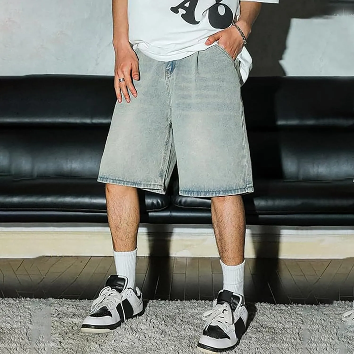 Men Baggy Jean Shorts Loose Fit Mid Denim Shorts Wide Leg Y2K Hip Hop Trendy Outfits