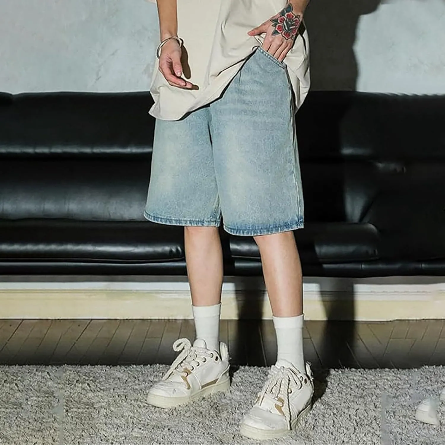 Mens Baggy Jean Shorts Loose Fit Below Knee Denim Shorts Summer Casual Y2K Streetwear Clothes