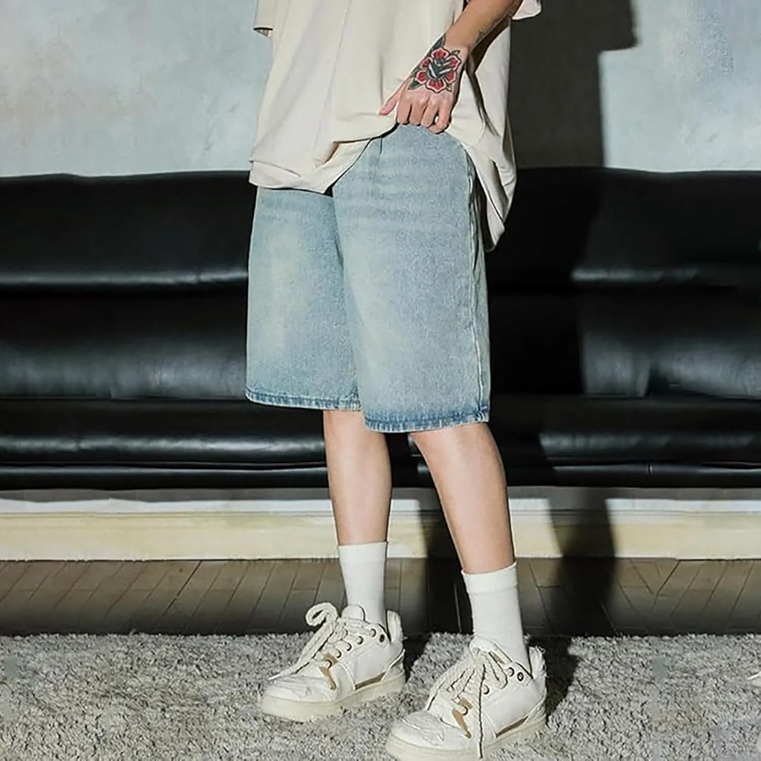 Mens Baggy Jean Shorts Loose Fit Below Knee Denim Shorts Summer Casual Y2K Streetwear Clothes