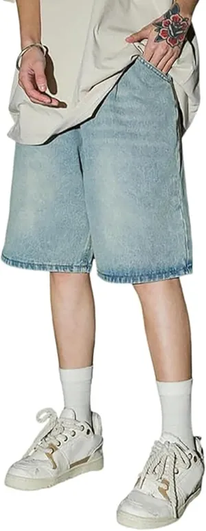 Mens Baggy Jean Shorts Loose Fit Below Knee Denim Shorts Summer Casual Y2K Streetwear Clothes