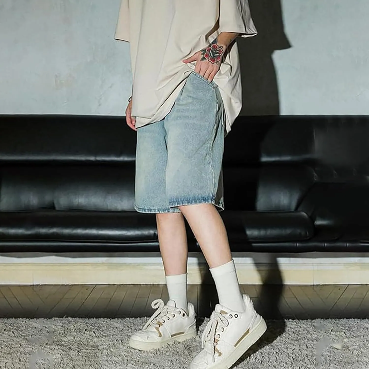Mens Baggy Jean Shorts Loose Fit Below Knee Denim Shorts Summer Casual Y2K Streetwear Clothes