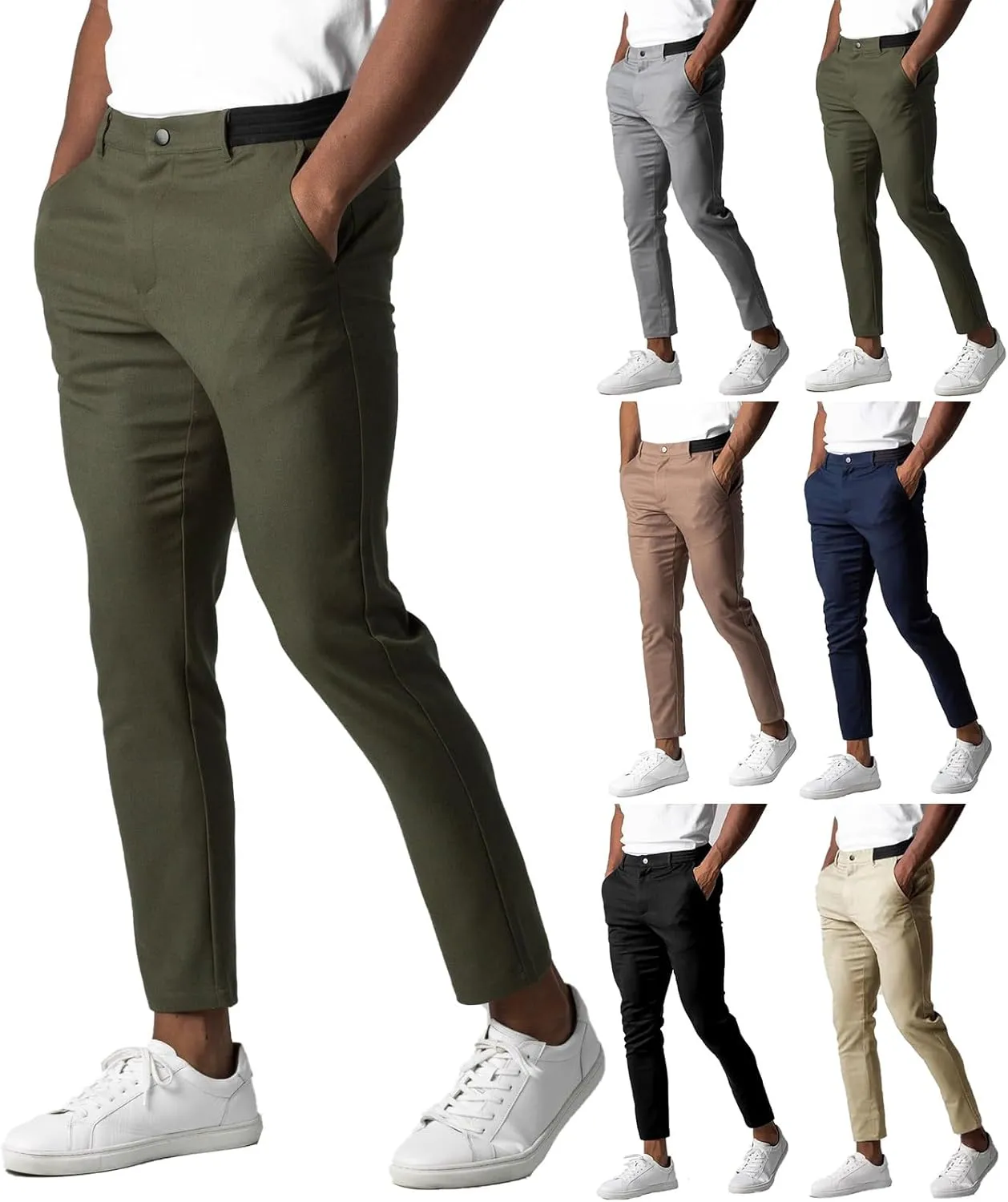 Mens Casual Pant Slim-Fit Wrinkle-Resistant Flat-Front Stretch Chino Pant Stretch Waist Tapered Trousers for Business