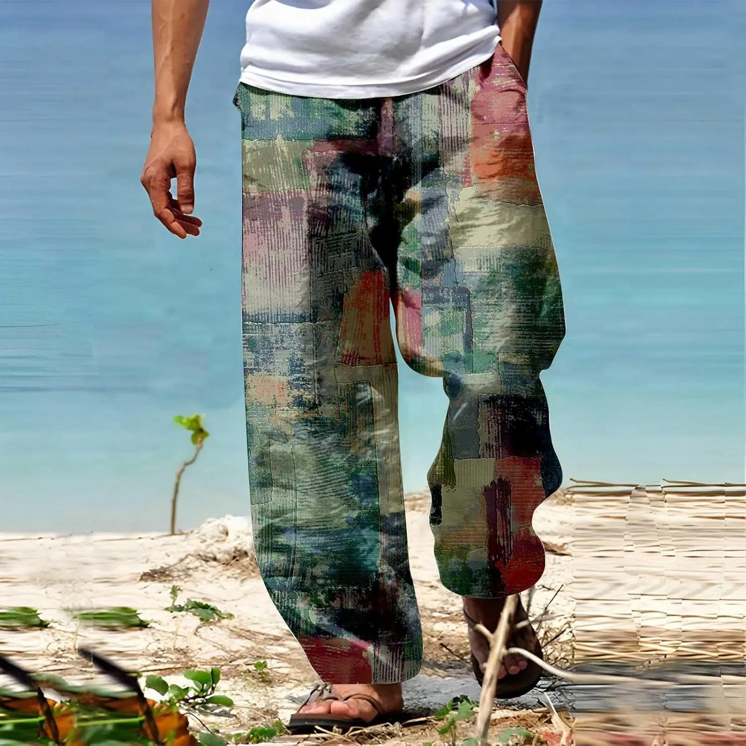Mens Color Patchwork Casual Trousers Quick Dry Lightweight Outdoor Traveling Beach Pants Holiday Vacation Fashion Streetwear