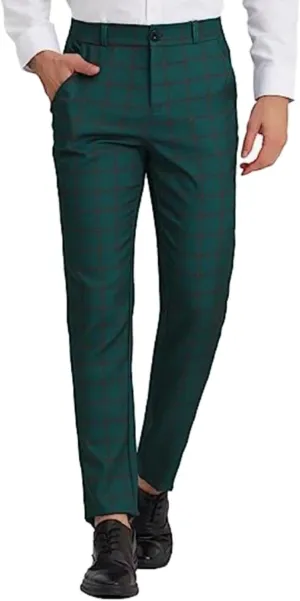 Mens Fashion Slim Fit Dress Pants Casual Work Plaid Skinny Straight Leg Pants Flat Front Business Golf Dress Pants Chinos