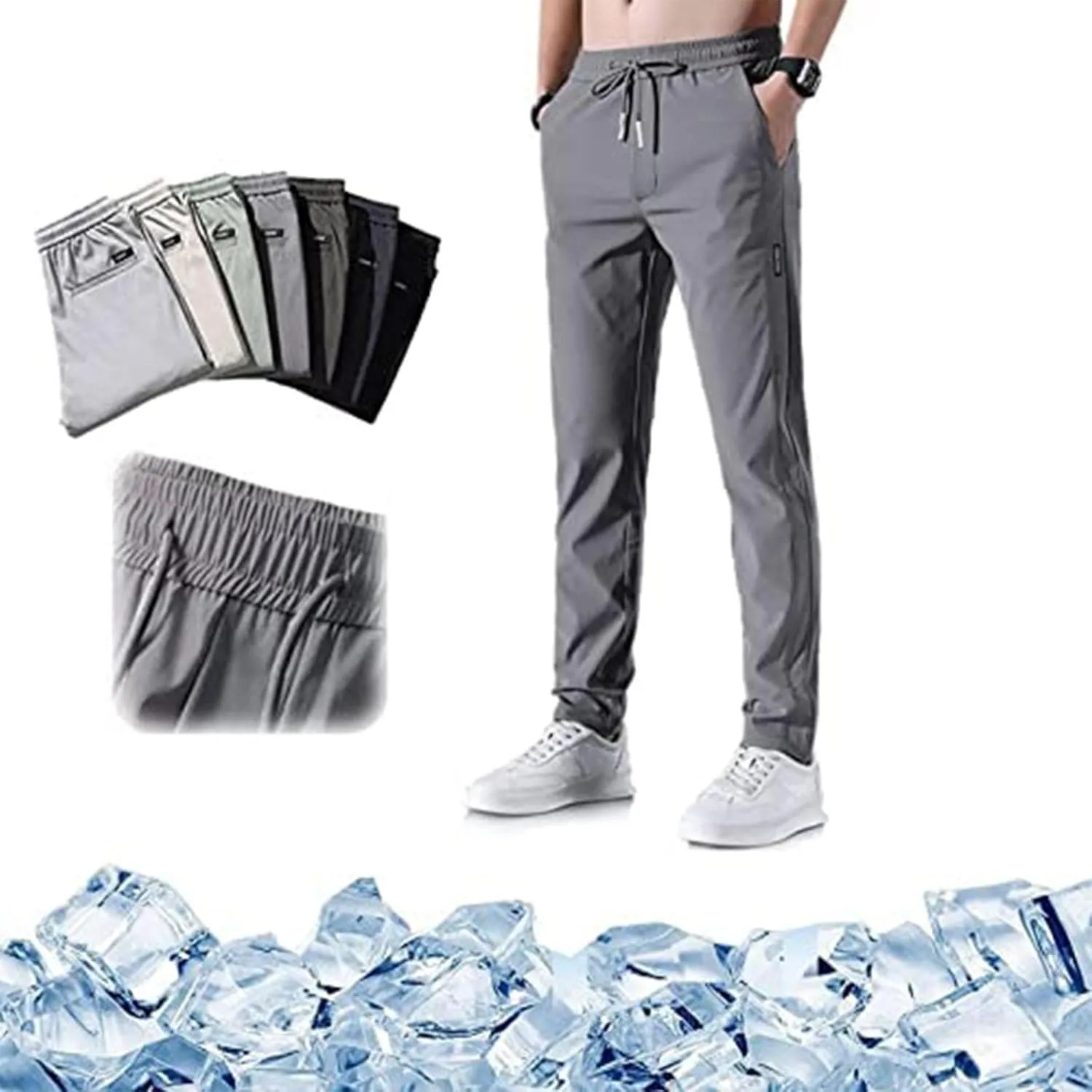 Men's Fast Dry Stretch Pants, Ice Breathable Pants, Running Jogger Drawstring Pants with Pockets, Joggers for Men