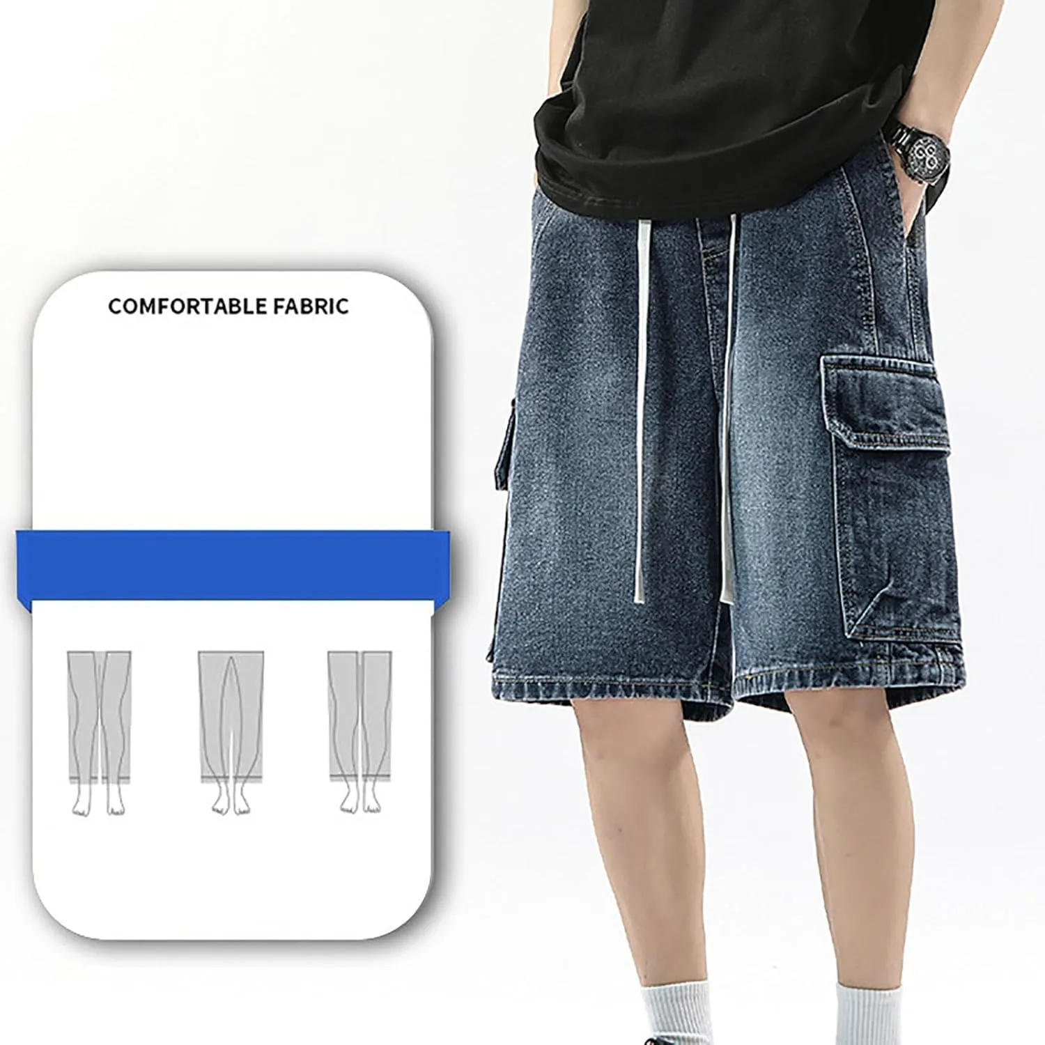 Mens Loose Fit Hip Hop Cropped Jean Shorts Work Denim Shorts with Pockets Skateboard Pants Streetwear Clothes