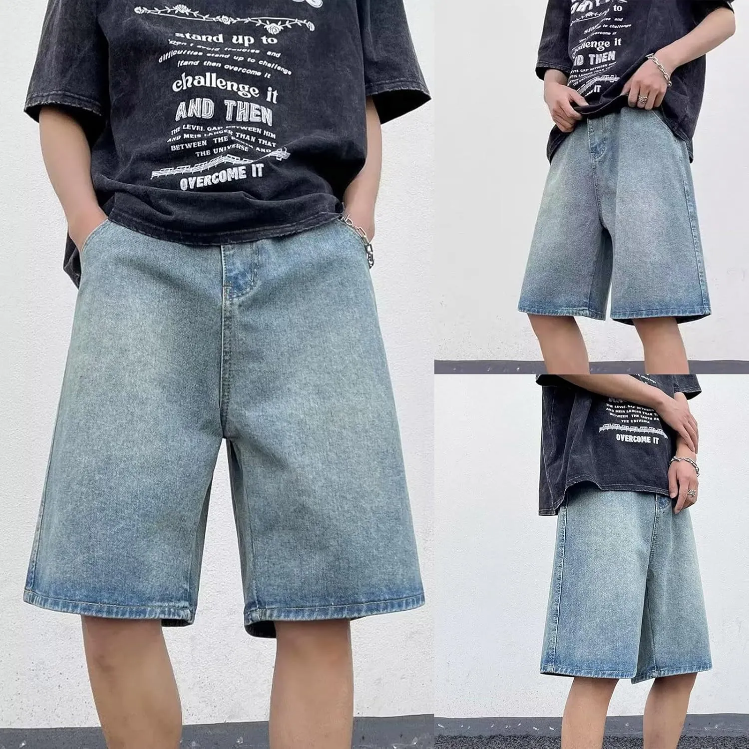 Mens Loose Hip Hop Cropped Jean Shorts Work Denim Shorts with Pockets Summer Casual 2025 Trendy Streetwear