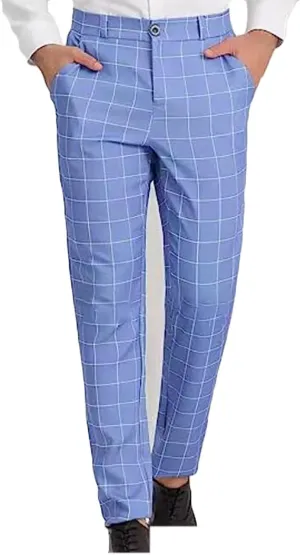 Mens Plaid Dress Pants Flat Front Slim Fit Straight Leg Chino Pants Casual Business Comfort Trouser with Pockets