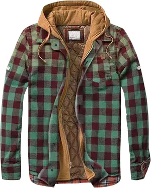 Men's Plaid Flannel Shirt Jacket Warm Hoodie Quilted Lined Hipster Fleece Plaid Jacket Flannel Sherpa Vintage Coats