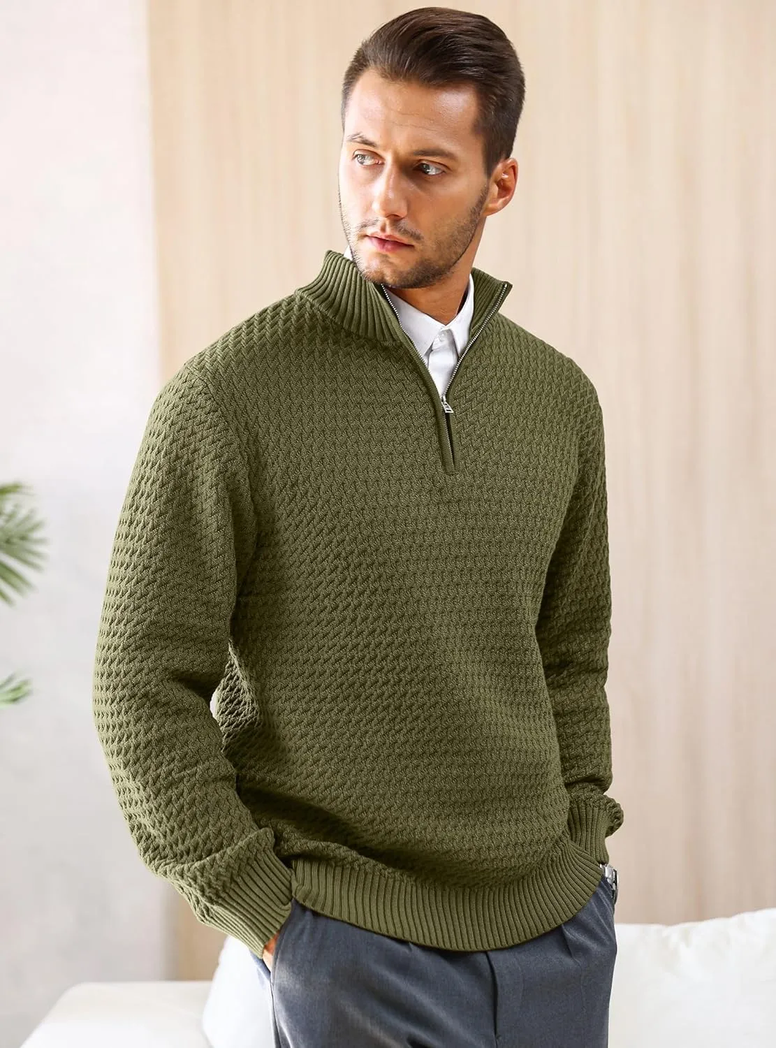 Men's Quarter Zip Pullover Sweater Slim Fit Business Casual Cable Knit Lightweight Long Sleeve Sweaters
