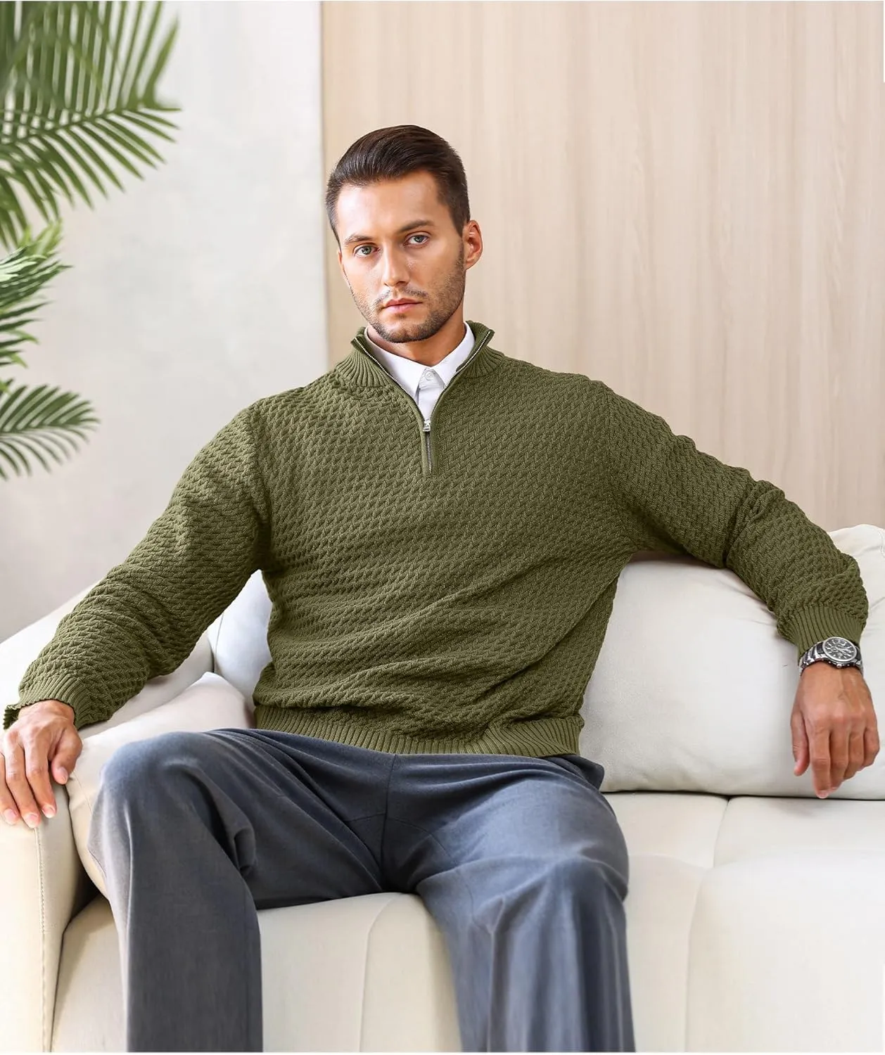 Men's Quarter Zip Pullover Sweater Slim Fit Business Casual Cable Knit Lightweight Long Sleeve Sweaters