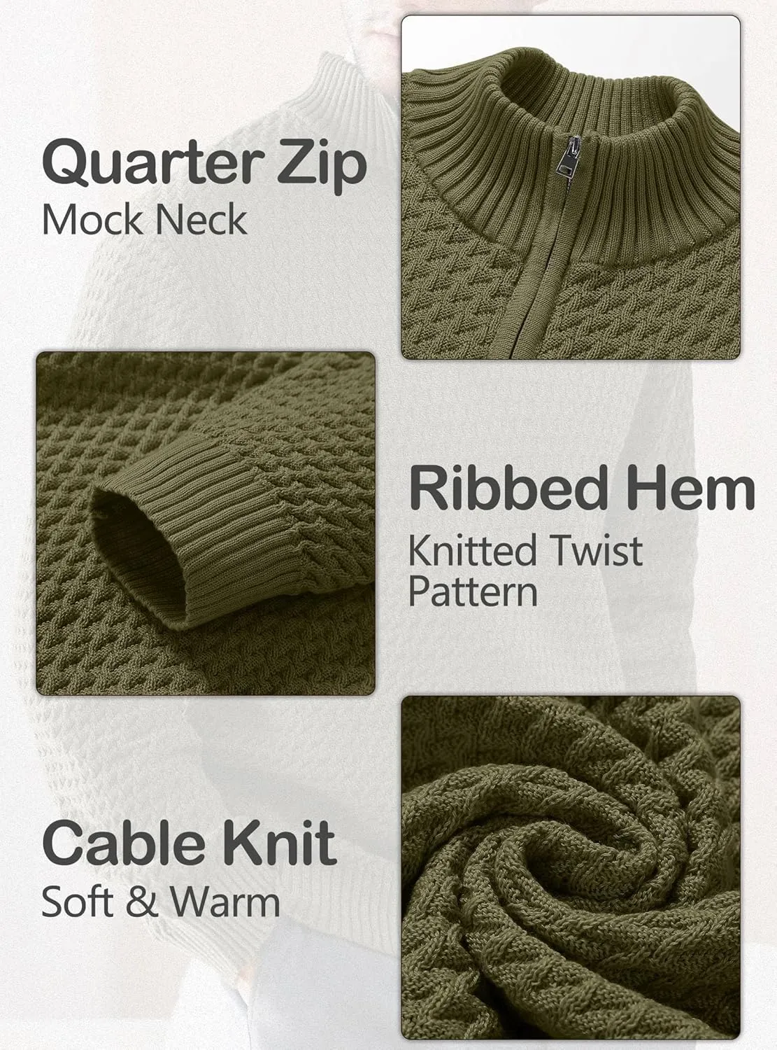 Men's Quarter Zip Pullover Sweater Slim Fit Business Casual Cable Knit Lightweight Long Sleeve Sweaters