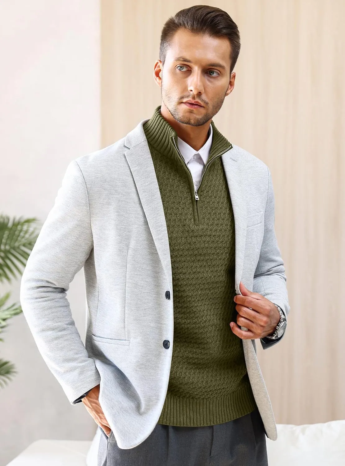 Men's Quarter Zip Pullover Sweater Slim Fit Business Casual Cable Knit Lightweight Long Sleeve Sweaters