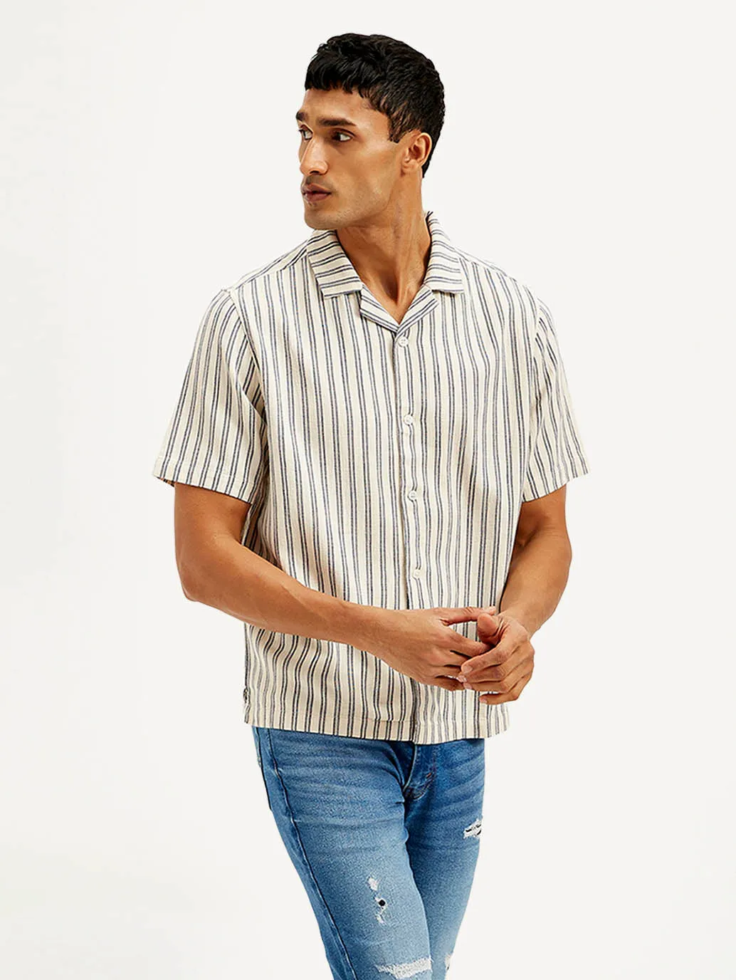 Men's Resort Collar Striped Relaxed Fit Shirt