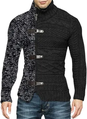Men's Slim Fit Cable Chunky Knit Full Zip Up Button Turtle Neck Sweaters Cardigans