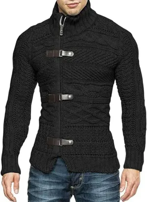 Men's Slim Fit Cable Chunky Knit Full Zip Up Button Turtle Neck Sweaters Cardigans