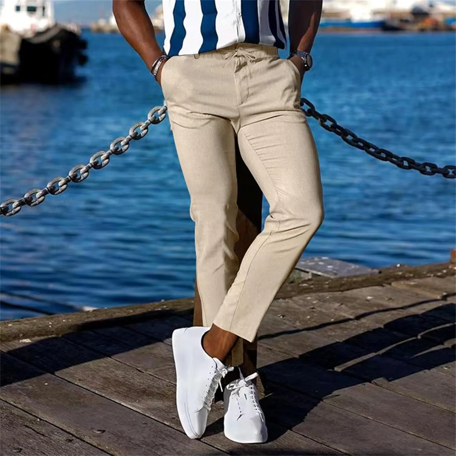 Mens Slim Fit Stretchy Casual Pants with Drawstrings Breathable Tapered Chino Pants for Work Flat Front Casual Golf Pant