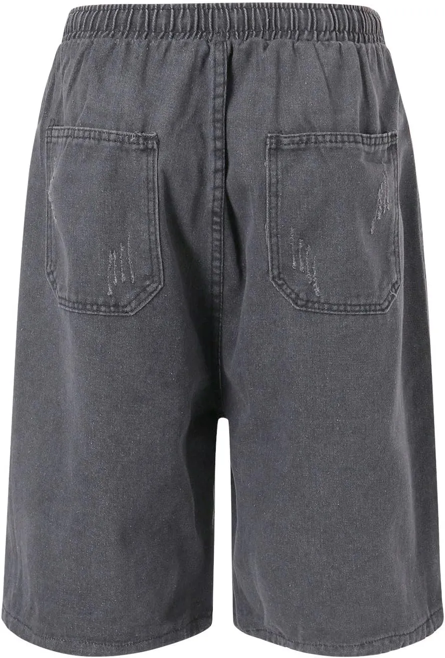 Mens Wide Leg Hip Hop Cropped Jean Shorts Baggy Denim Shorts with Pockets Aesthetic Pants Streetwear Clothes