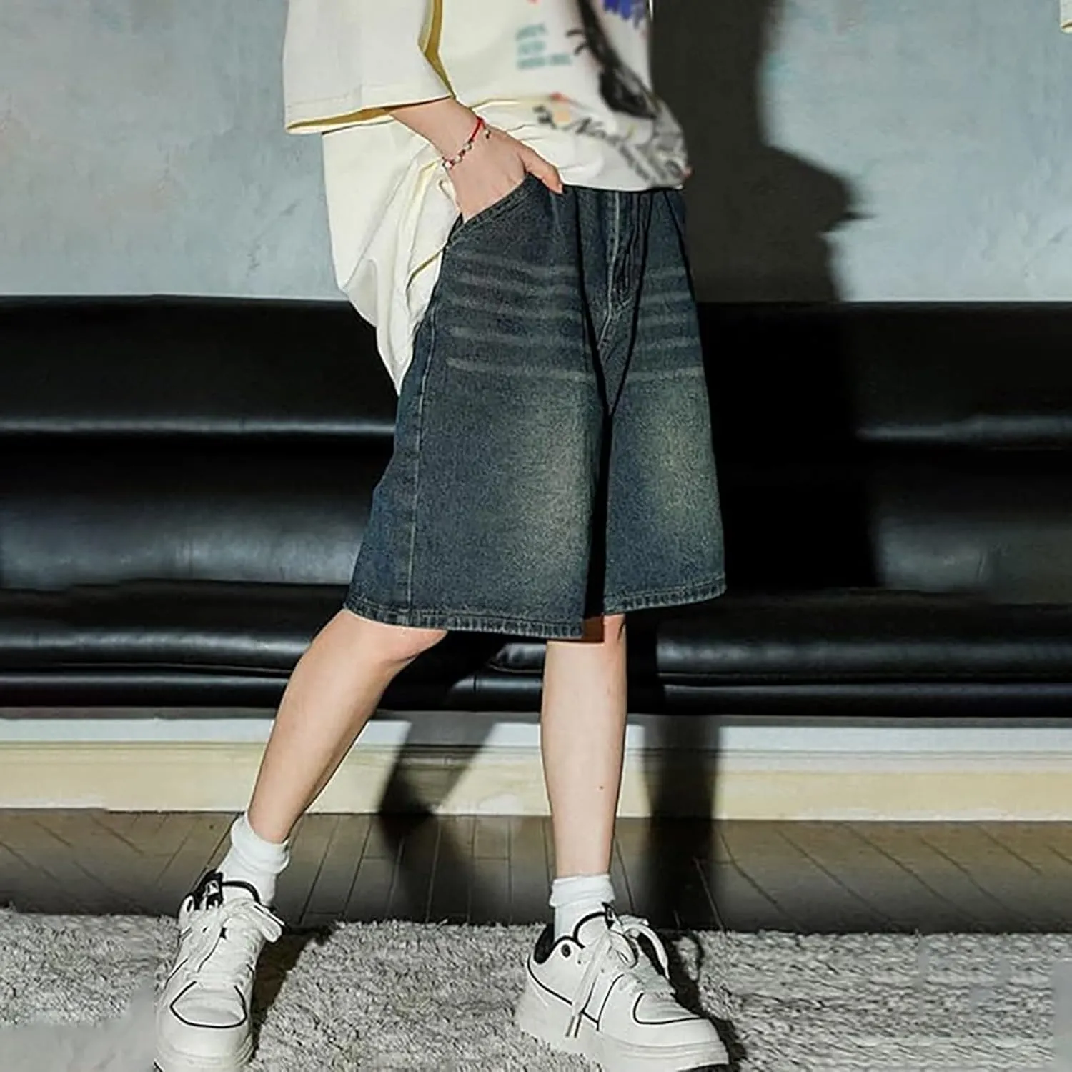 Mens Y2K Grunge Baggy Jean Shorts Wide Leg Hip Hop Skateboard Pants Loose Denim Shorts with Pockets Streetwear