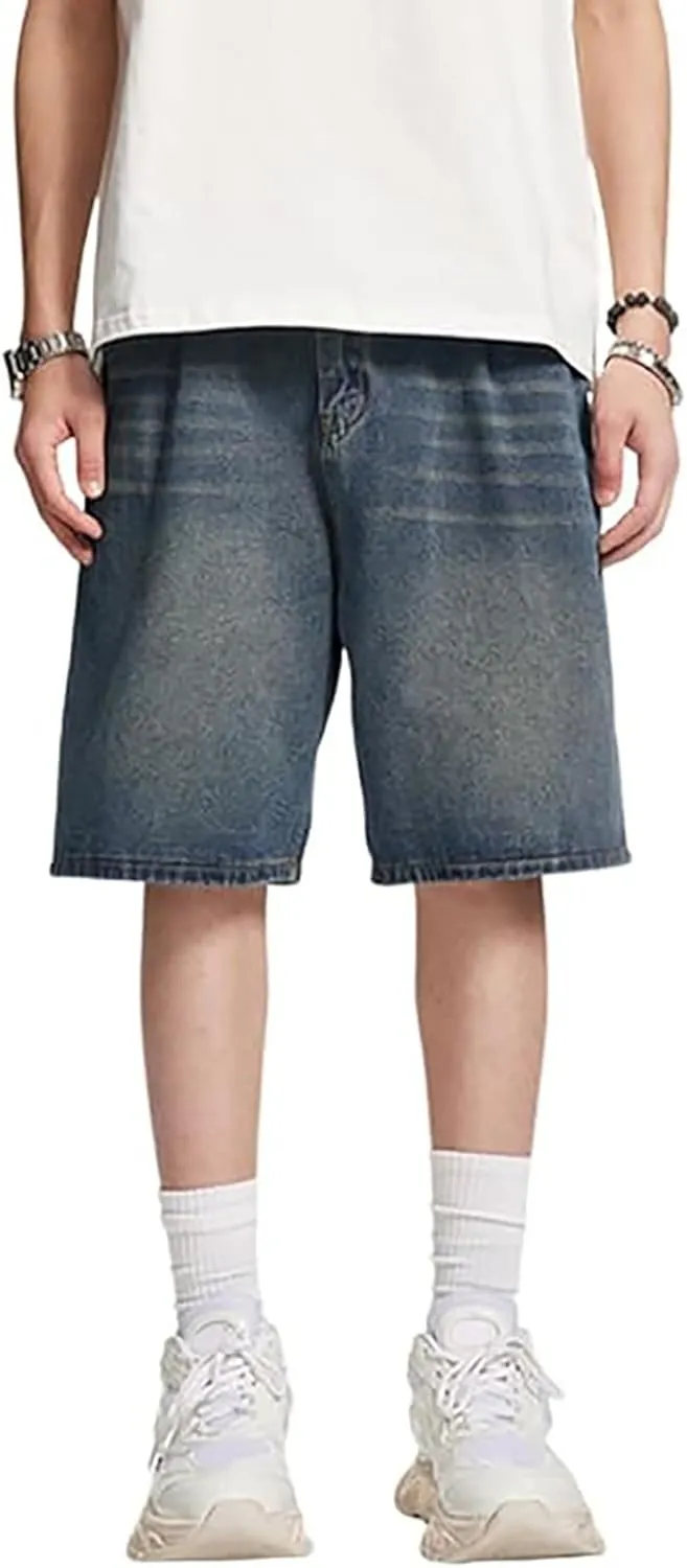 Mens Y2K Grunge Baggy Jean Shorts Wide Leg Hip Hop Skateboard Pants Loose Denim Shorts with Pockets Streetwear